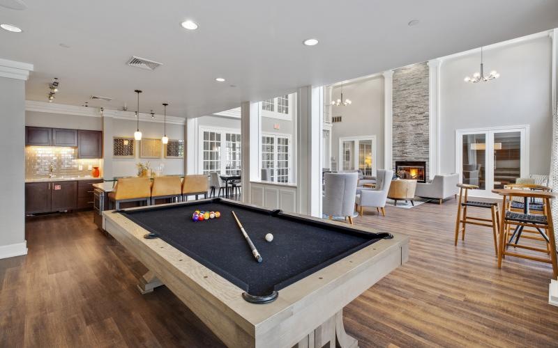 a pool table in a large room