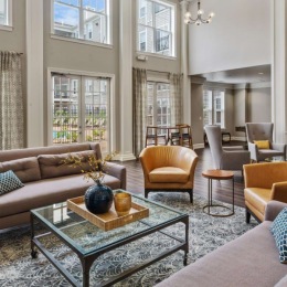 a living room with a large window